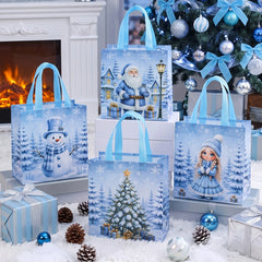 12 Pcs Blue Christmas Non Woven Tote Bags, Snowman, Snow Maiden, Christmas Tree Handbags, Reusable Xmas Gift Packaging Bags