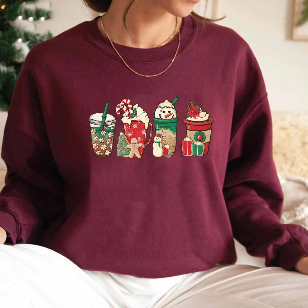 Christmas Coffee Sweatshirt Cute Fall Hoodie Christmas Shirt Unisex Long Sleeve Sweatshirt Snowman Latte Coffee Lover Pullovers