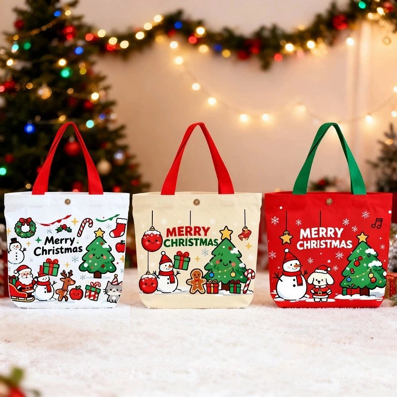 Reusable Christmas Gift Bags Candy Bags Tote Bags with Santa Deer Christmas Tree Design Canvas Handles Grocery Shopping Bags