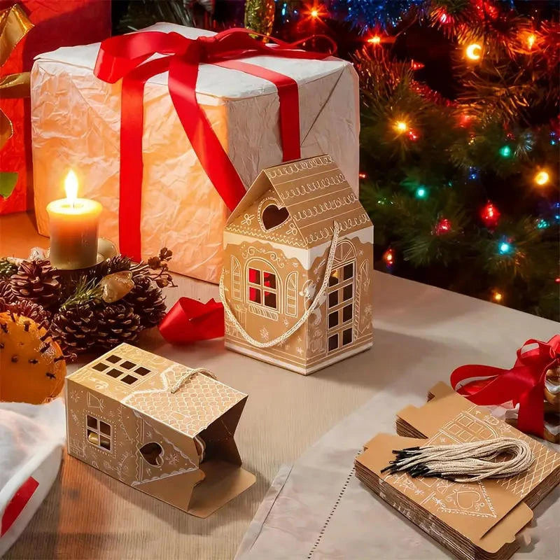 12/24pcs Christmas Gift Boxes with Handles Gingerbread House Kraft Candy Treat Boxes for Xmas Party Favor Gifts Christmas Decor