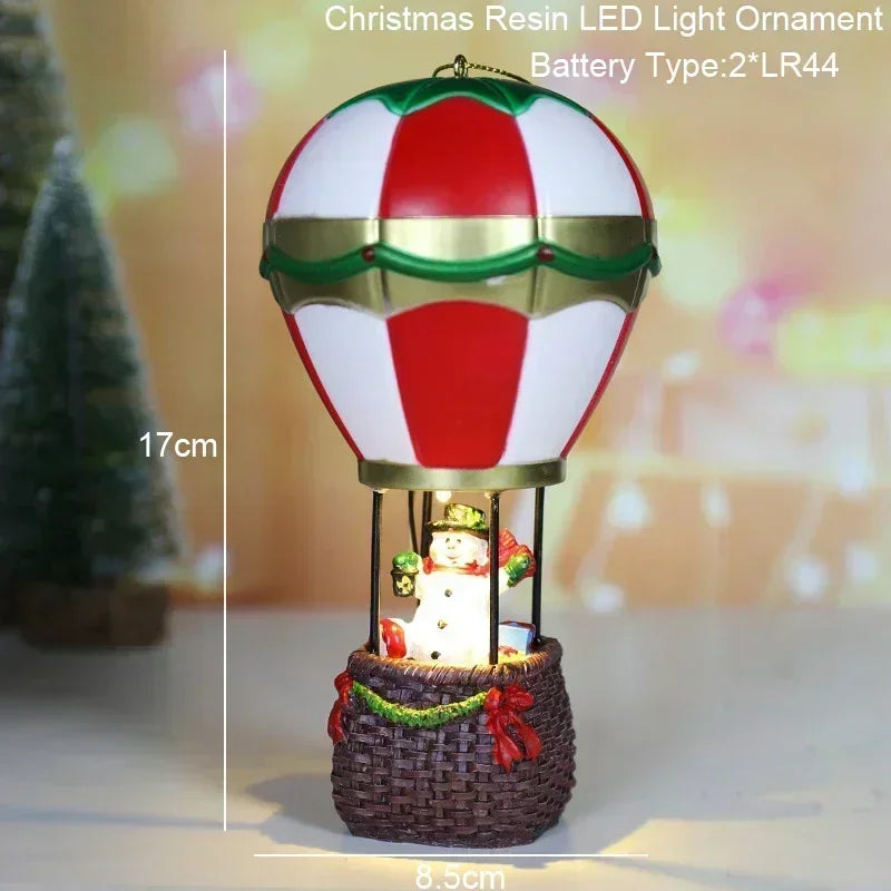 Christmas LED Glowing Ornaments, Snowman Santa Hot Air Balloon with Lights, Resin Miniature Landscape Cabin Xmas Tree Decoration