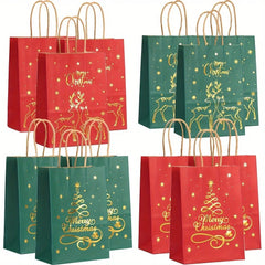 3/12 Pcs Christmas Gift Bag Set, Gold Tree Print Red Green Metallic Edge, Handled Holiday Gift Pouches