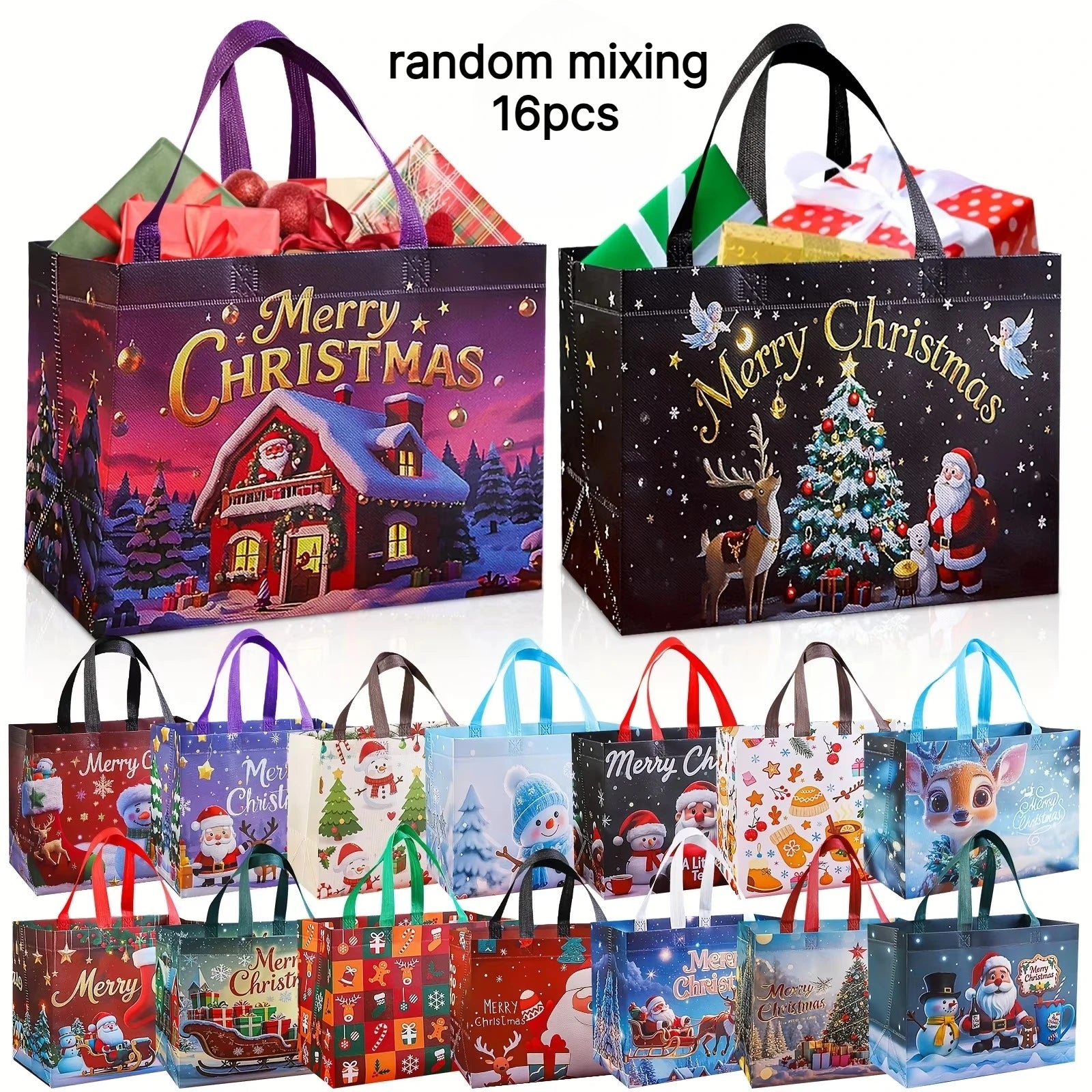 16pcs Large Christmas Gift Bags with Handles Reusable Santa, Snowman,Christmas Tree Designs - for Holiday Shopping, Xmas Parties