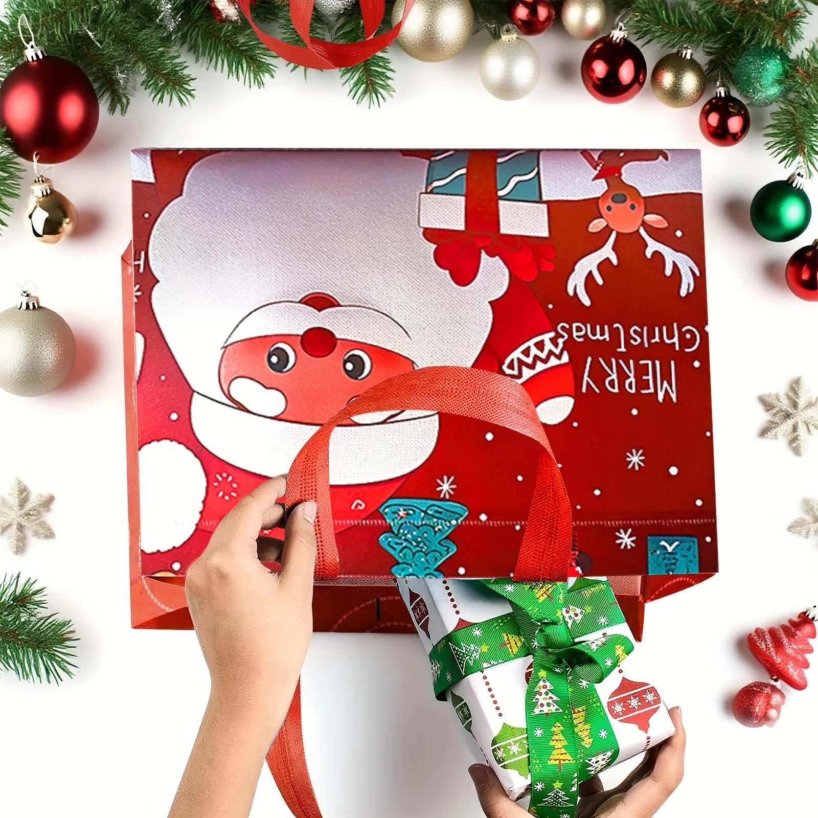 16pcs Large Christmas Gift Bags with Handles Reusable Santa, Snowman,Christmas Tree Designs - for Holiday Shopping, Xmas Parties