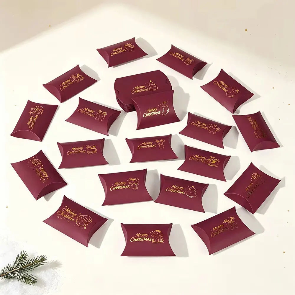 18pcs Christmas Red Pillow Gift Box Gold Foil Snowman Paper Candy Cookie Box Merry Xmas Party Favor Wrapping Supplies