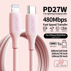 27W PD Fast Charging Cable USB-C to Lightning Silicone Data Cable in Macaron Pink, Soft Flexible for iPhone 14 13 12 11 Pro Max