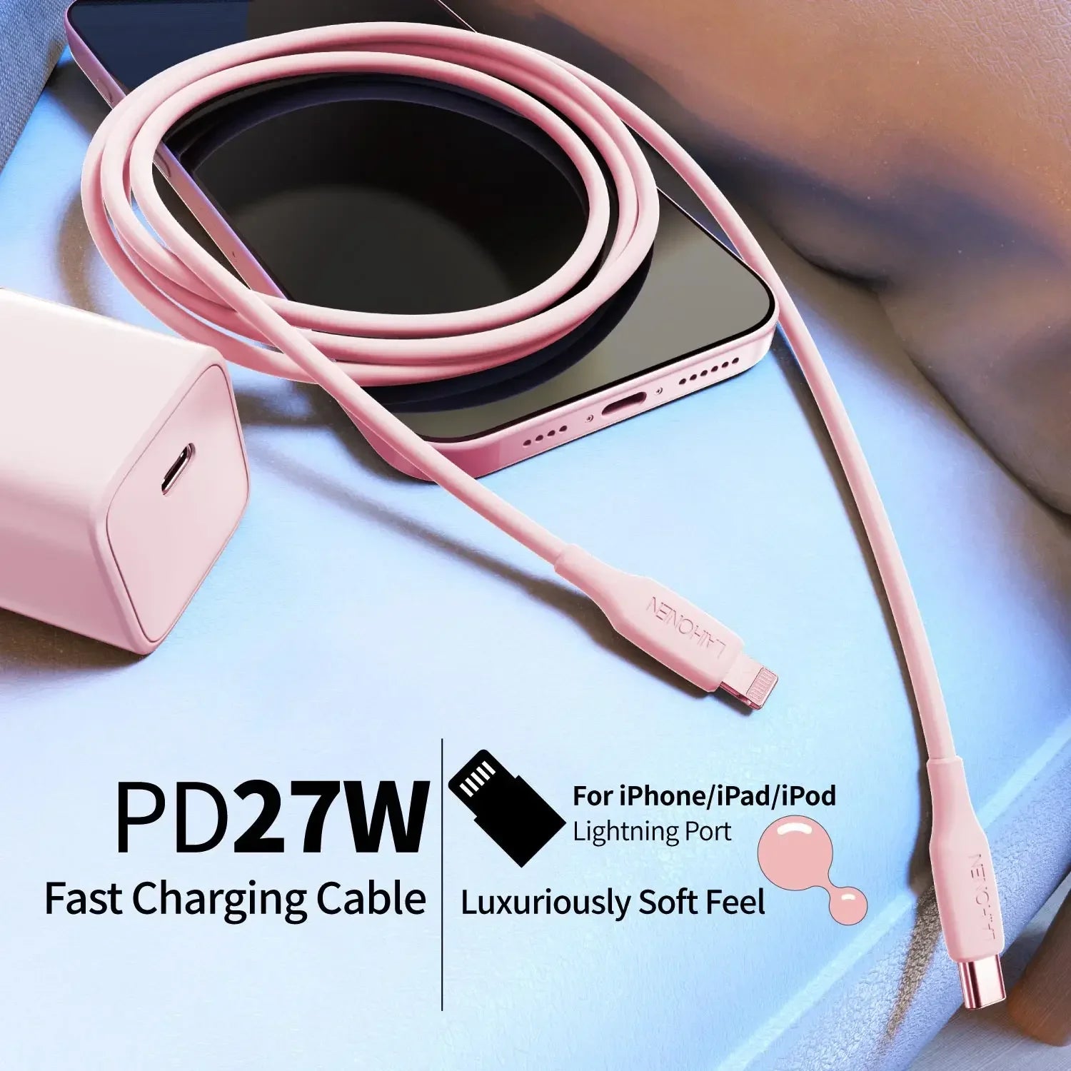 27W PD Fast Charging Cable USB-C to Lightning Silicone Data Cable in Macaron Pink, Soft Flexible for iPhone 14 13 12 11 Pro Max