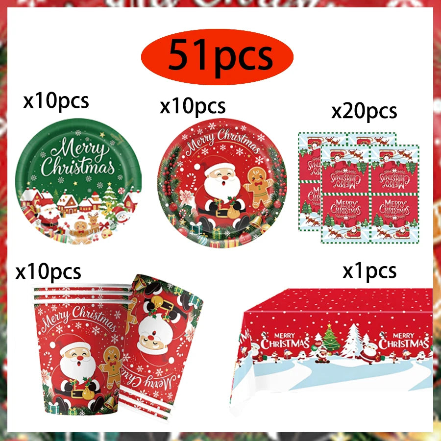 Christmas Tableware Set Xmas Paper Plates Cups Napkins Banner Merry Christmas Home Family Holiday Party Decor Supplies