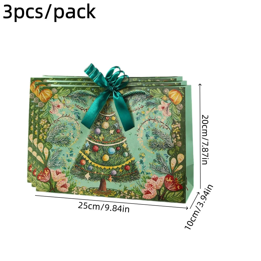 3pcs/pack Christmas Gift Bags Santa Vintage Xmas Tree Bow Ribbon Handle Paper Bags Holiday Present Packaging Storage Bag