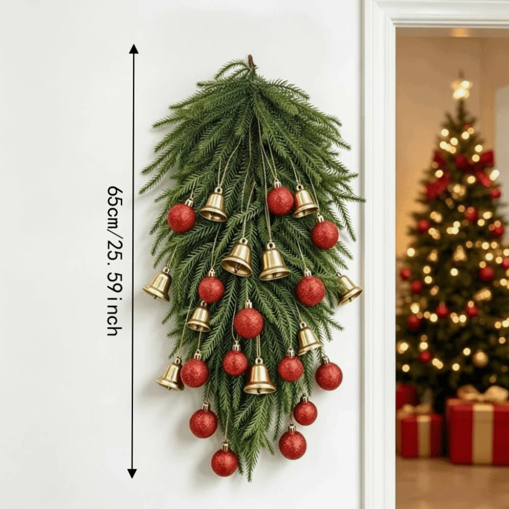 Festive With Bow and Baubles Christmas Teardrop Wreath Gold Bell DIY Artificial Pine Wreath Xmas Door Ornament Christmas