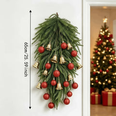 Festive With Bow and Baubles Christmas Teardrop Wreath Gold Bell DIY Artificial Pine Wreath Xmas Door Ornament Christmas