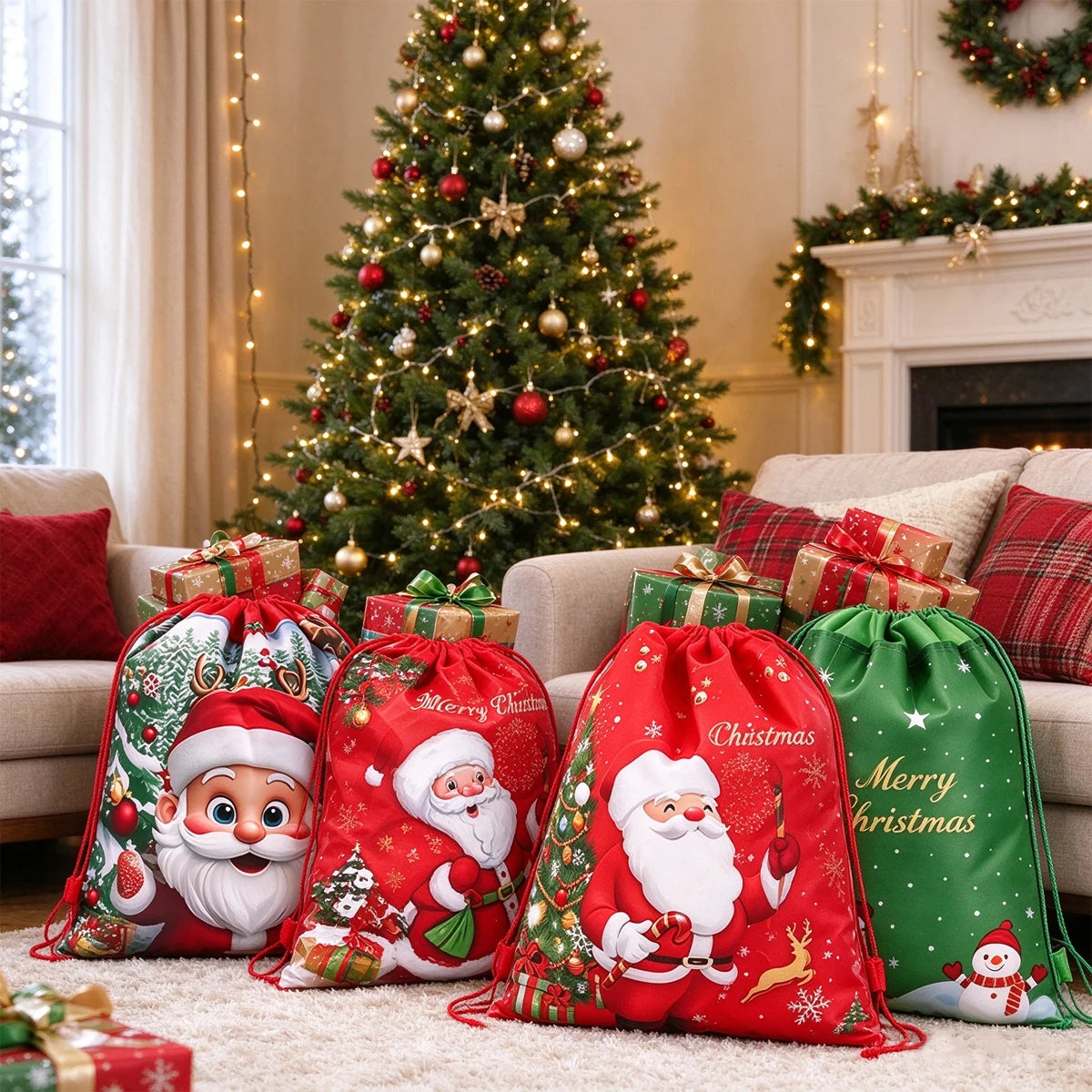 4-60pcs Christmas Drawstring Bags Non woven Sacks Xmas Wrapping Storage Bag for Christmas New Year Candy Goodie Gift Party Favor