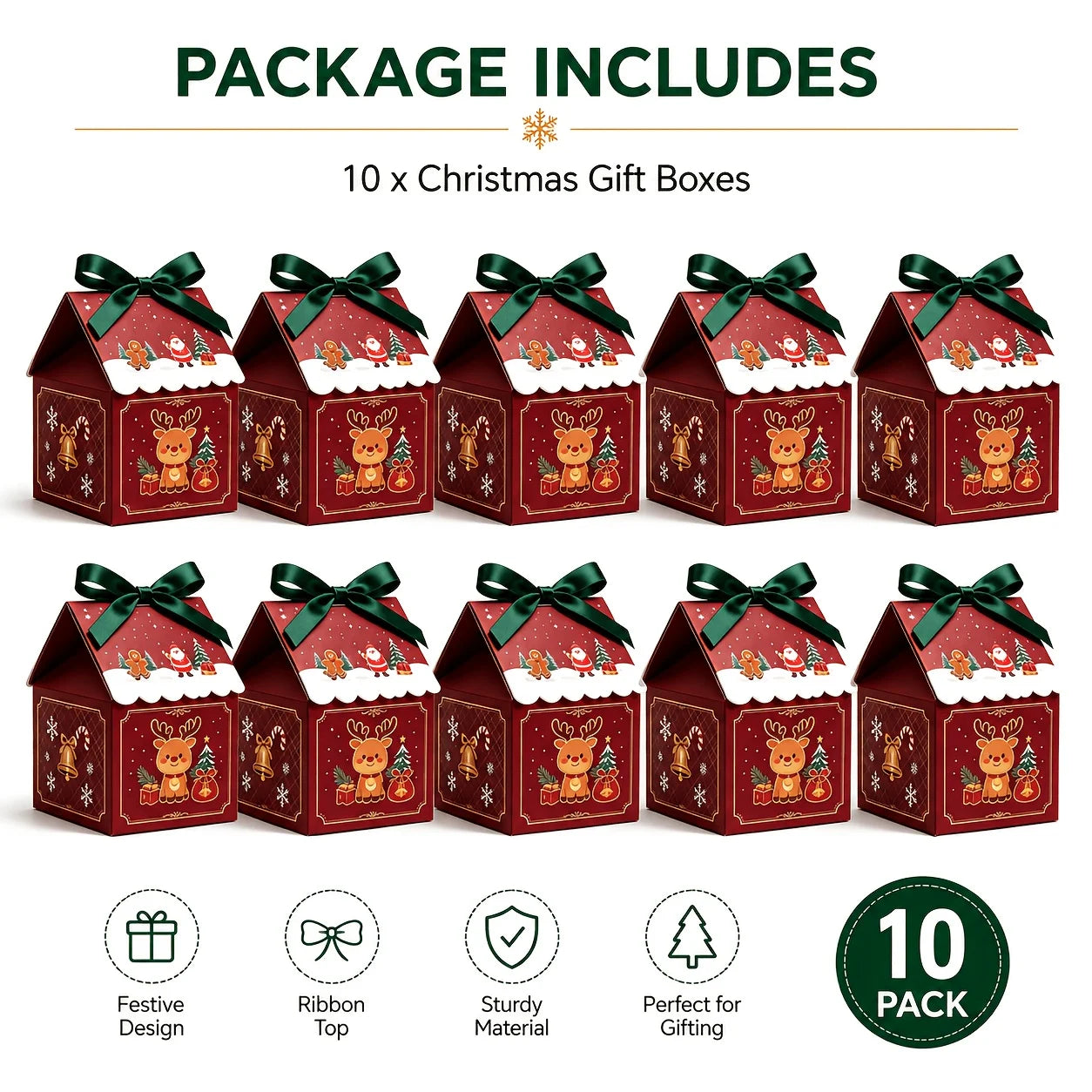 10Pcs Christmas House with Removable Roof Pre-tied Ribbons Thick Cardboard Candy Cookie Box Holiday Party Favors Gift Packaging
