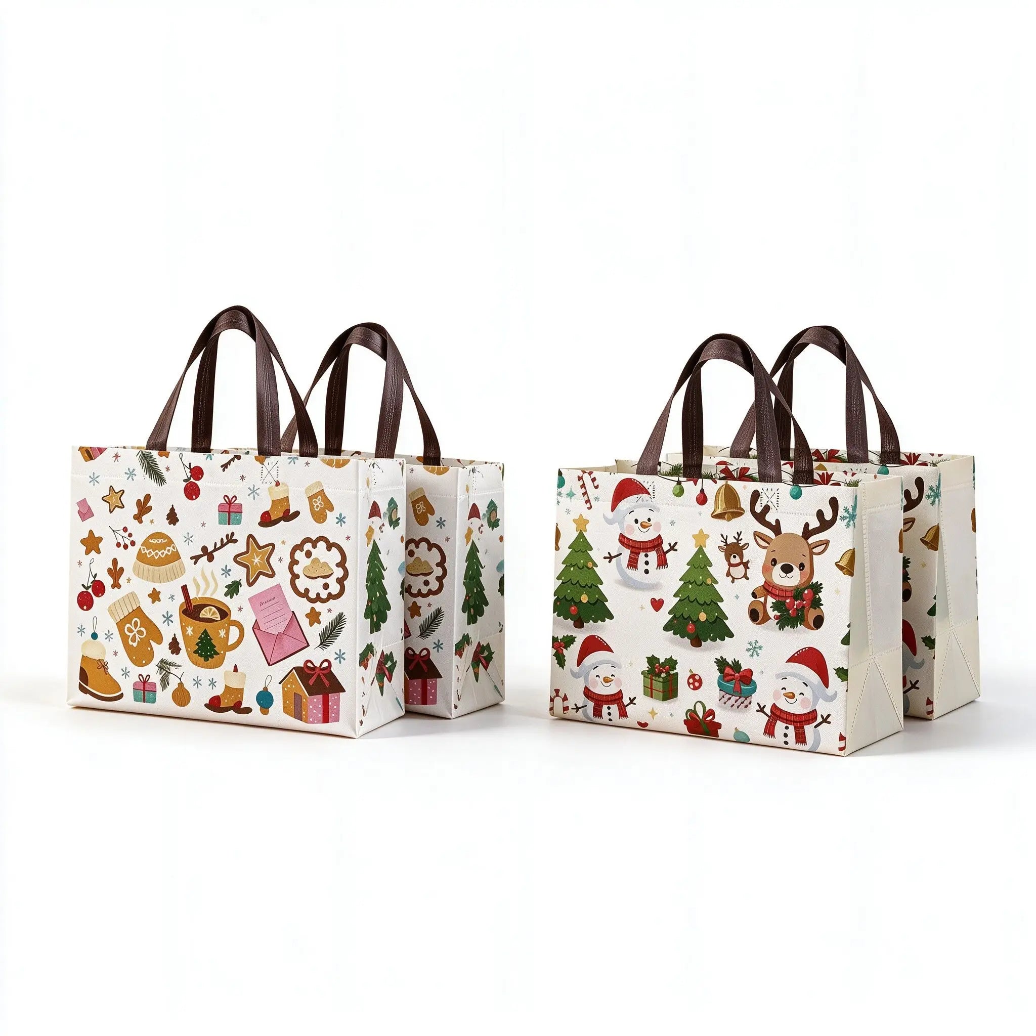 4/8pcs Christmas Handbags with Handles,Santa Reindeer Bell Pattern Reusable Gift Bags,Shopping Bags,Party Gift Bags