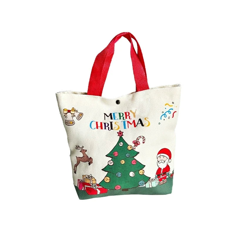 Reusable Christmas Gift Bags Candy Bags Tote Bags with Santa Deer Christmas Tree Design Canvas Handles Grocery Shopping Bags