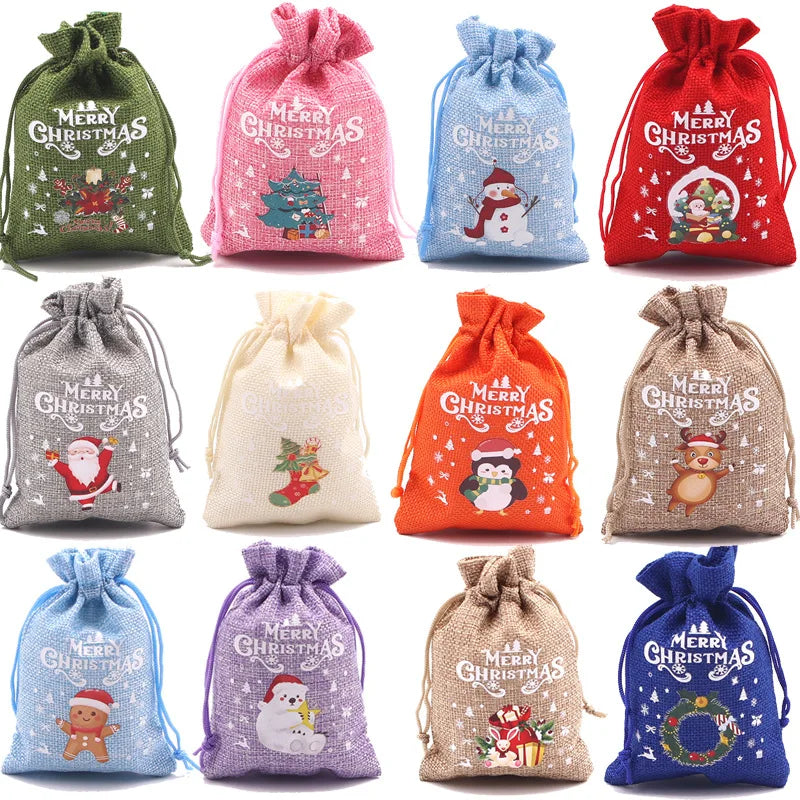 10pcs Christmas Linen Drawstring Bag Christmas Pattern Candy Gift Christmas Small Gift Hand Jewelry Bracelet Apple Bag