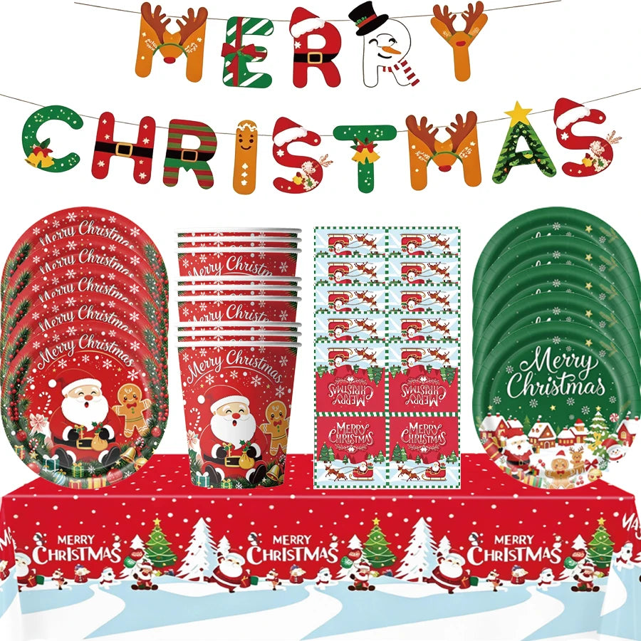 Christmas Tableware Set Xmas Paper Plates Cups Napkins Banner Merry Christmas Home Family Holiday Party Decor Supplies