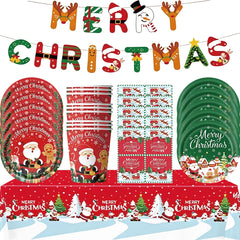 Christmas Tableware Set Xmas Paper Plates Cups Napkins Banner Merry Christmas Home Family Holiday Party Decor Supplies