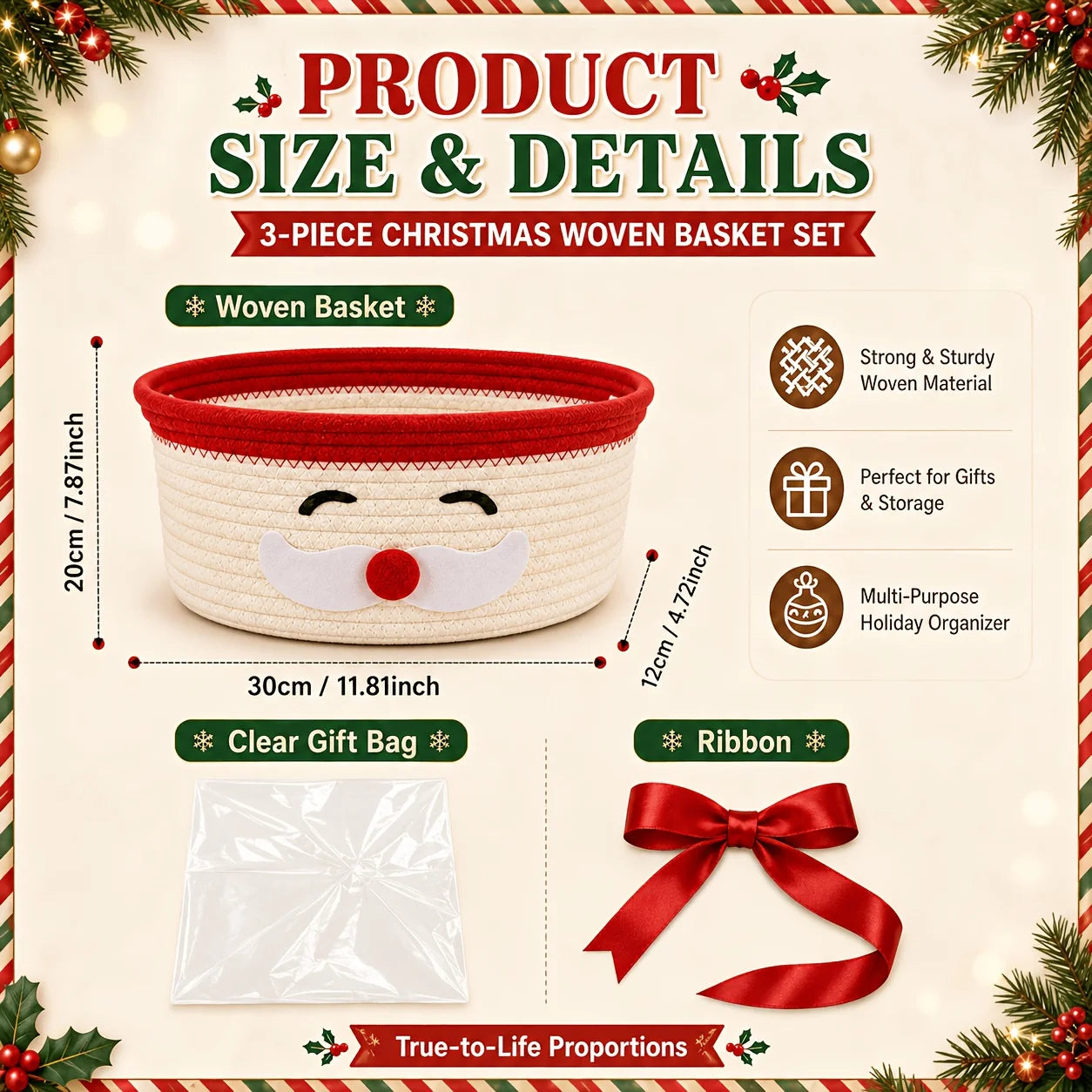 Christmas Woven Basket with Gift Bag, Ribbon Santa Emoticon Woven Storage Bin Empty Basket Holiday Decorative for Xmas Gifts