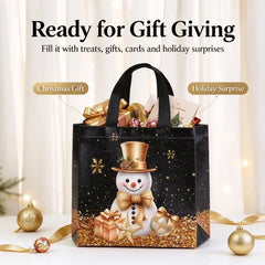 12PCS Christmas Non Woven Gift Bags Cartoon Snowman Tree Pattern Handbag Packaging Bags Xmas Party Supplies Holiday Favors