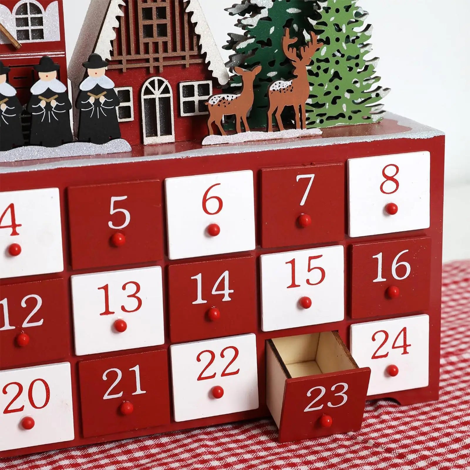Christmas Countdown House Box Advent 24 Days Wooden Christmas Decor Drawer with LED Light Countdown Calendar for Indoor Holiday