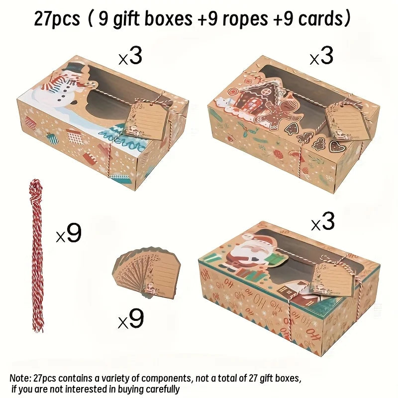 9Pcs Christmas Cookie Boxes Bakery Gift Boxes European Kraft Paper Box New Year Favors Large Candy Box Party Decoration