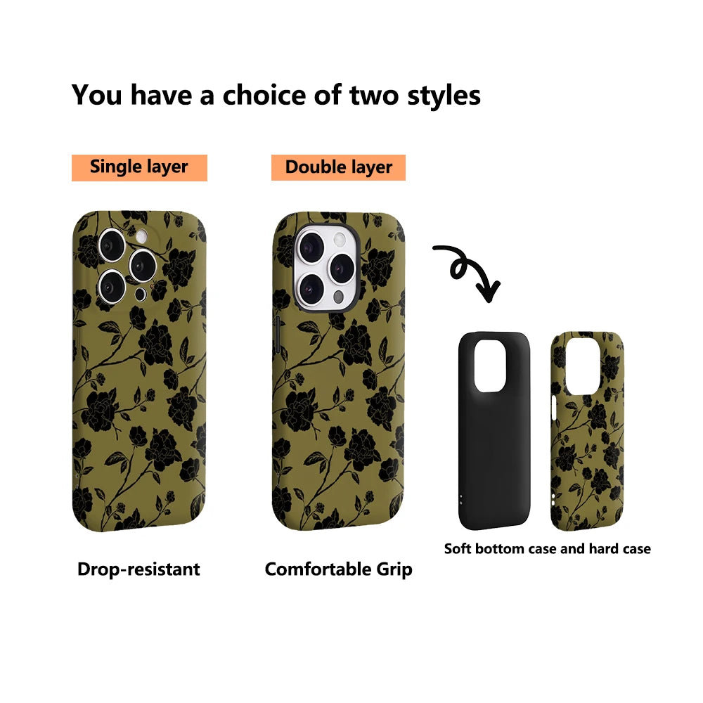 Black Floral on Olive IPhone17 Must-Haves Phone Case for IPhone 17 16 15 14 13 12 11 Pro Max Plus Double-layer Back Cover