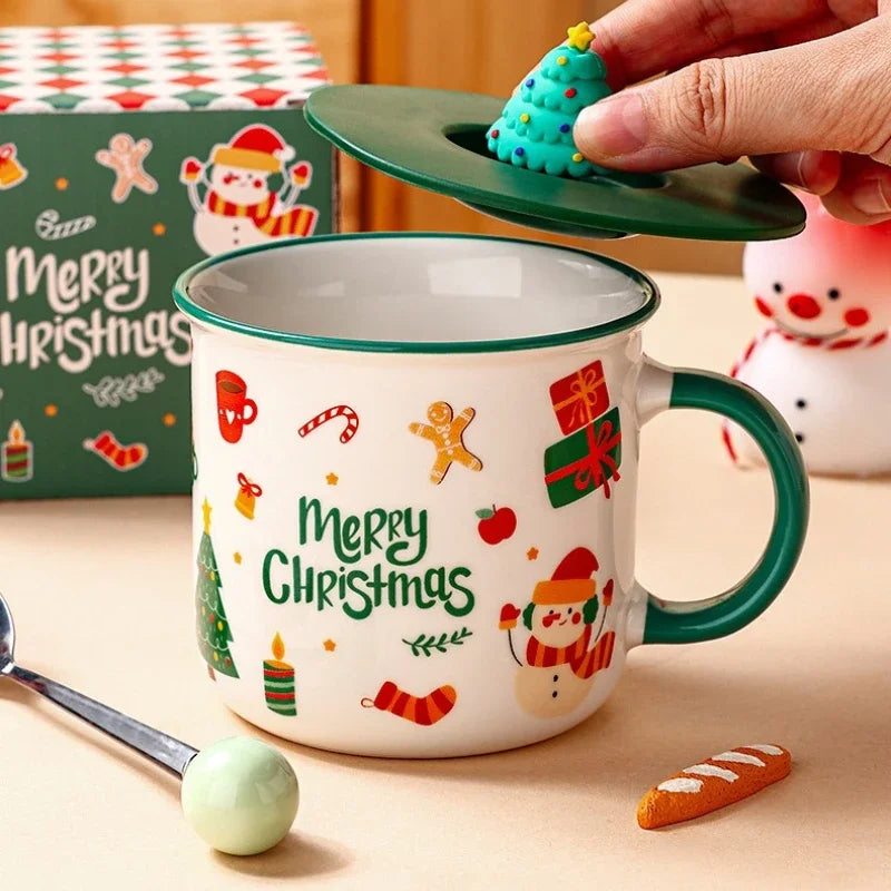 Christmas Ceramic Mug with Lid and Spoon Enamel Look Cartoon Water Cup Holiday Gift Cup for Wedding Party Favor