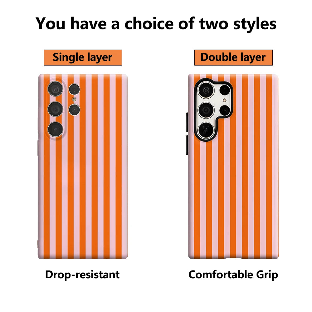 Bold Orange & Pink Stripes Phone Case for Samsung Galaxy S25 Ultra S24 S23 Ultra Plus Glossy Double-layer Back Cover