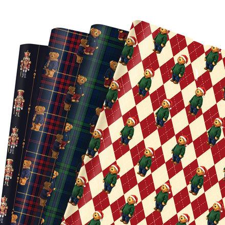 4/12/24pcs Christmas Teddy Bear Wrapping Paper Santa Bear Plaid Nutcracker Pattern Gift Wrap Paper for Kids Xmas Gift Packaging
