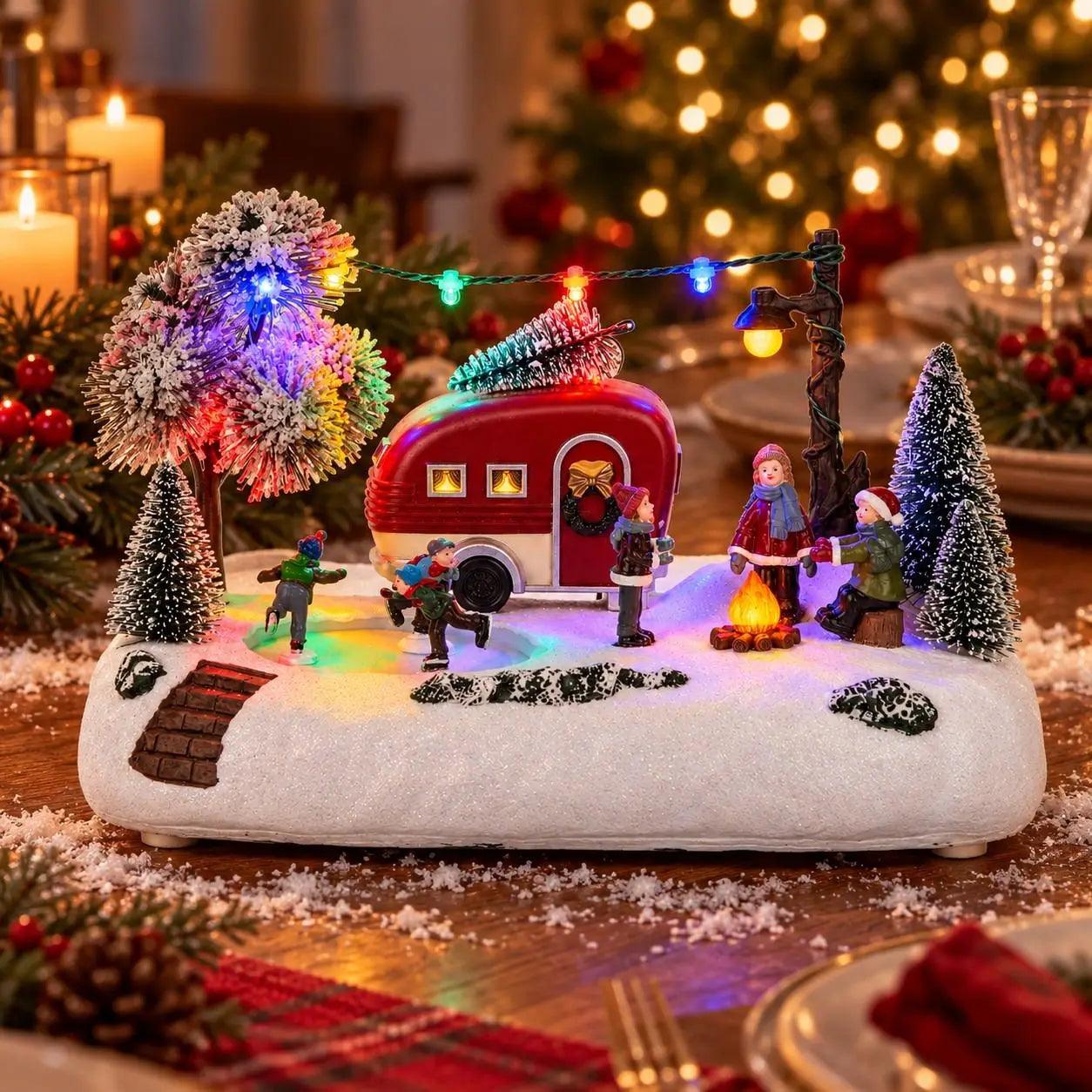 Animated Christmas Village Camper Collection Decor Light Musical Rotating Skating Figures Snowy Winter Tabletop Xmas Ornament
