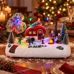 Animated Christmas Village Camper Collection Decor Light Musical Rotating Skating Figures Snowy Winter Tabletop Xmas Ornament