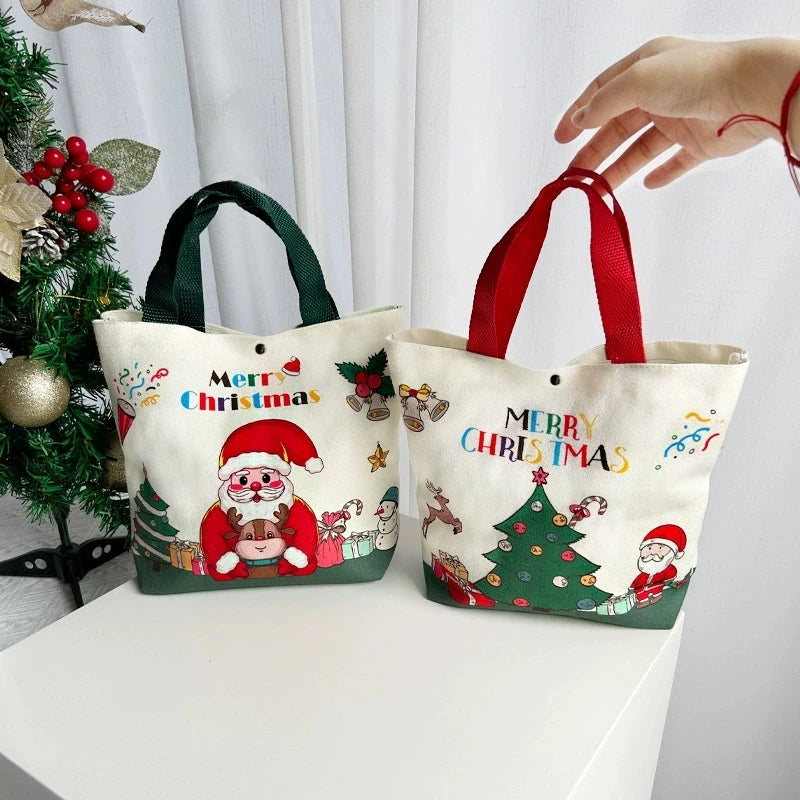 Reusable Christmas Gift Bags Candy Bags Tote Bags with Santa Deer Christmas Tree Design Canvas Handles Grocery Shopping Bags