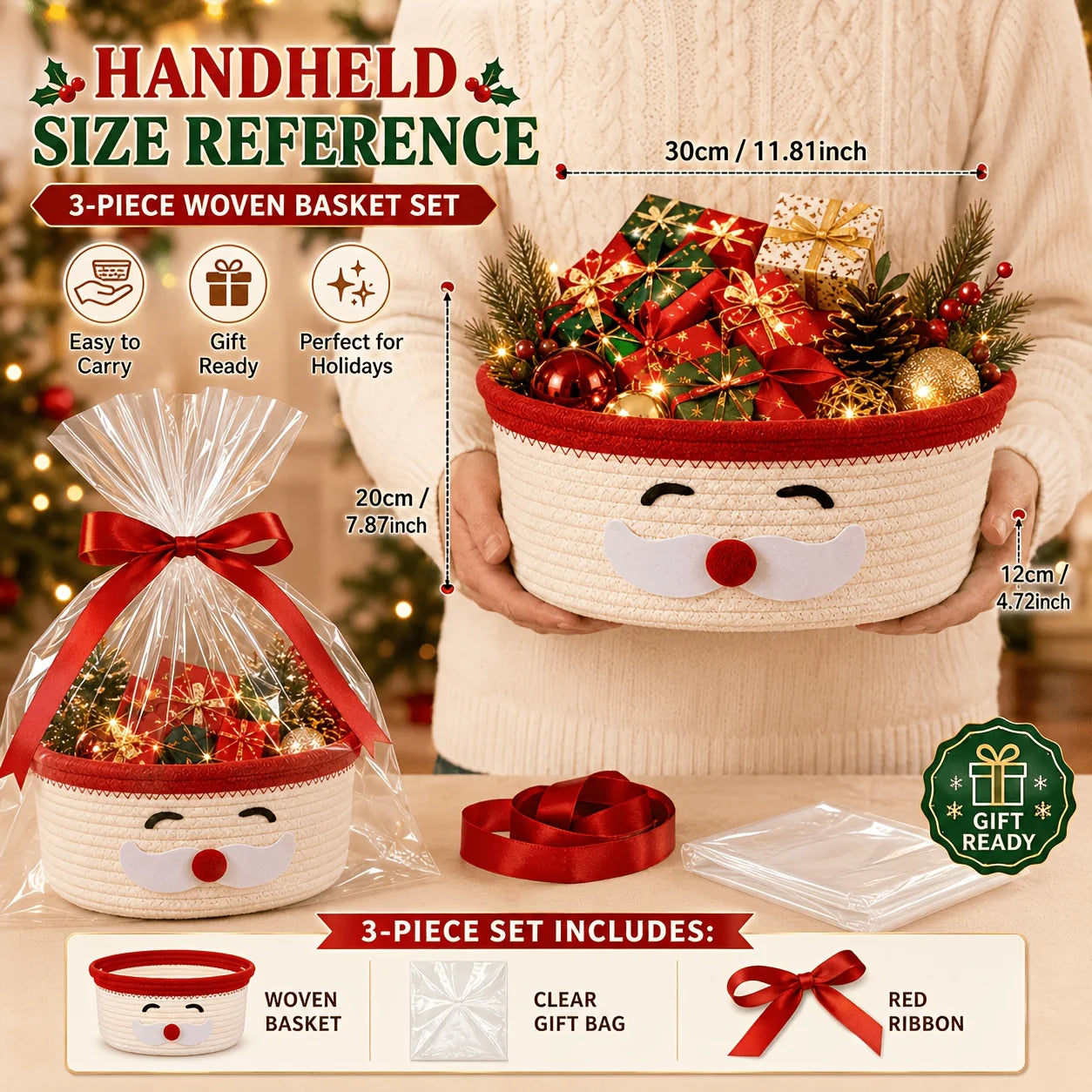 Christmas Woven Basket with Gift Bag, Ribbon Santa Emoticon Woven Storage Bin Empty Basket Holiday Decorative for Xmas Gifts