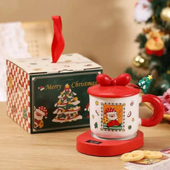Festive Christmas Themed Ceramic Coffee Mug with Lid Spoon Holiday Gift Box Cartoon Design New Year Souvenir