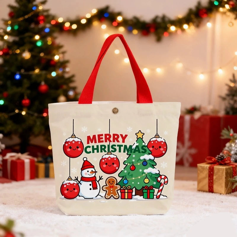 Reusable Christmas Gift Bags Candy Bags Tote Bags with Santa Deer Christmas Tree Design Canvas Handles Grocery Shopping Bags