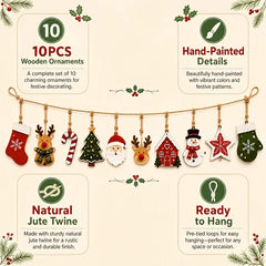 10 pieces Christmas wood decoration, Santa Claus, reindeer, Christmas tree, stars, etc., winter/Christmas house party decoration