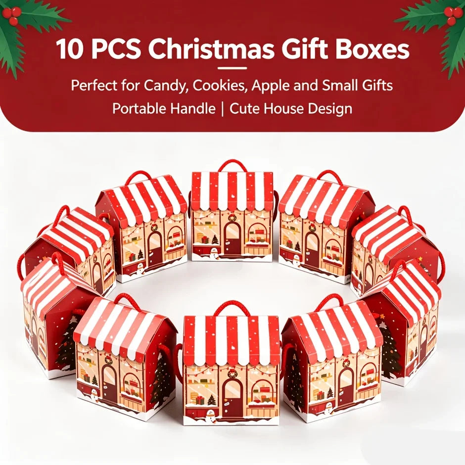 10pcs Christmas House-shaped Gift Boxes with Handles, Featuring Adorable Snowman Christmas Prints,Portable Paper Packaging Boxes