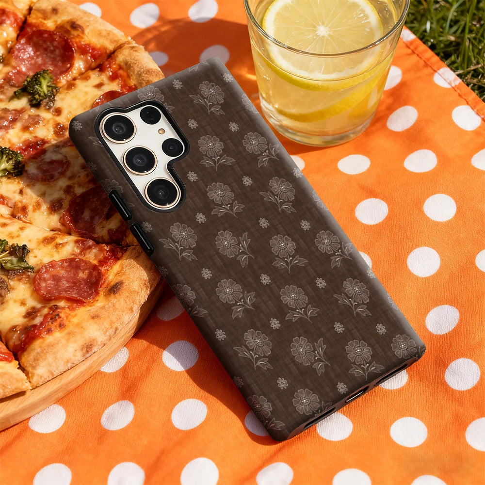 Brown Floral Embroidery Phone Case for Samsung Galaxy S25 Ultra S24 S23 Ultra Plus Glossy Double-layer Back Cover