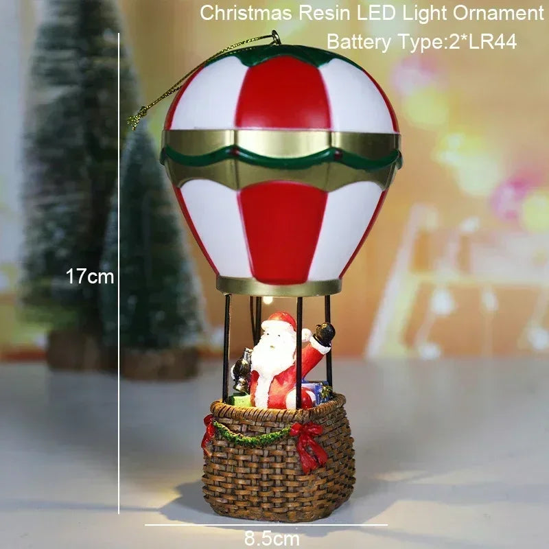 Christmas LED Glowing Ornaments, Snowman Santa Hot Air Balloon with Lights, Resin Miniature Landscape Cabin Xmas Tree Decoration