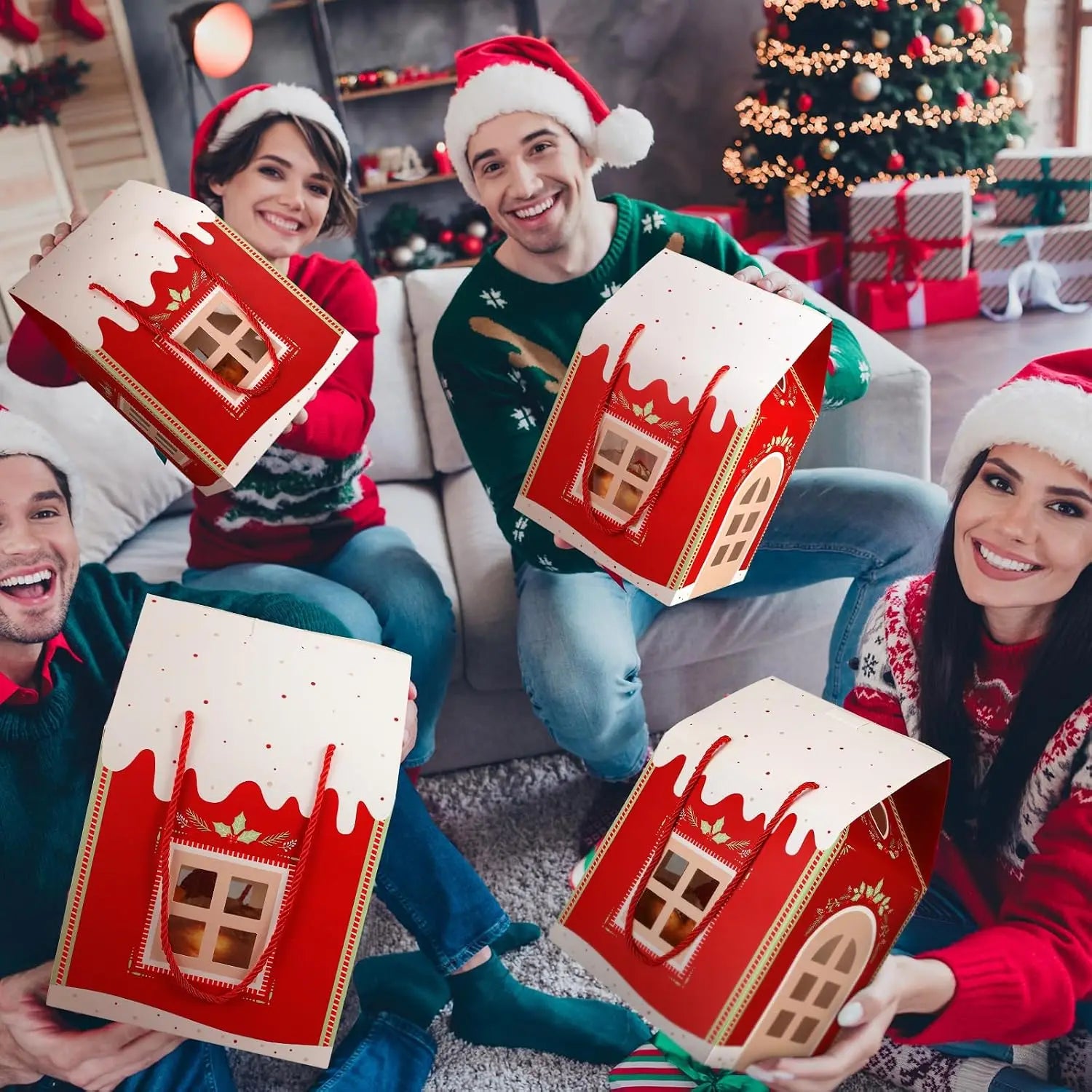 1-6 Pcs Christmas House Shaped Box Retro Red Cottage Gift Box with Handle for Party Candy Favors Clear Window Paper Treat Bags