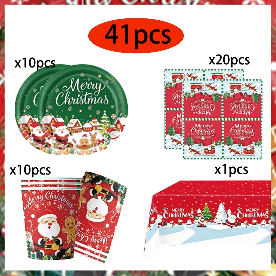 Christmas Tableware Set Xmas Paper Plates Cups Napkins Banner Merry Christmas Home Family Holiday Party Decor Supplies