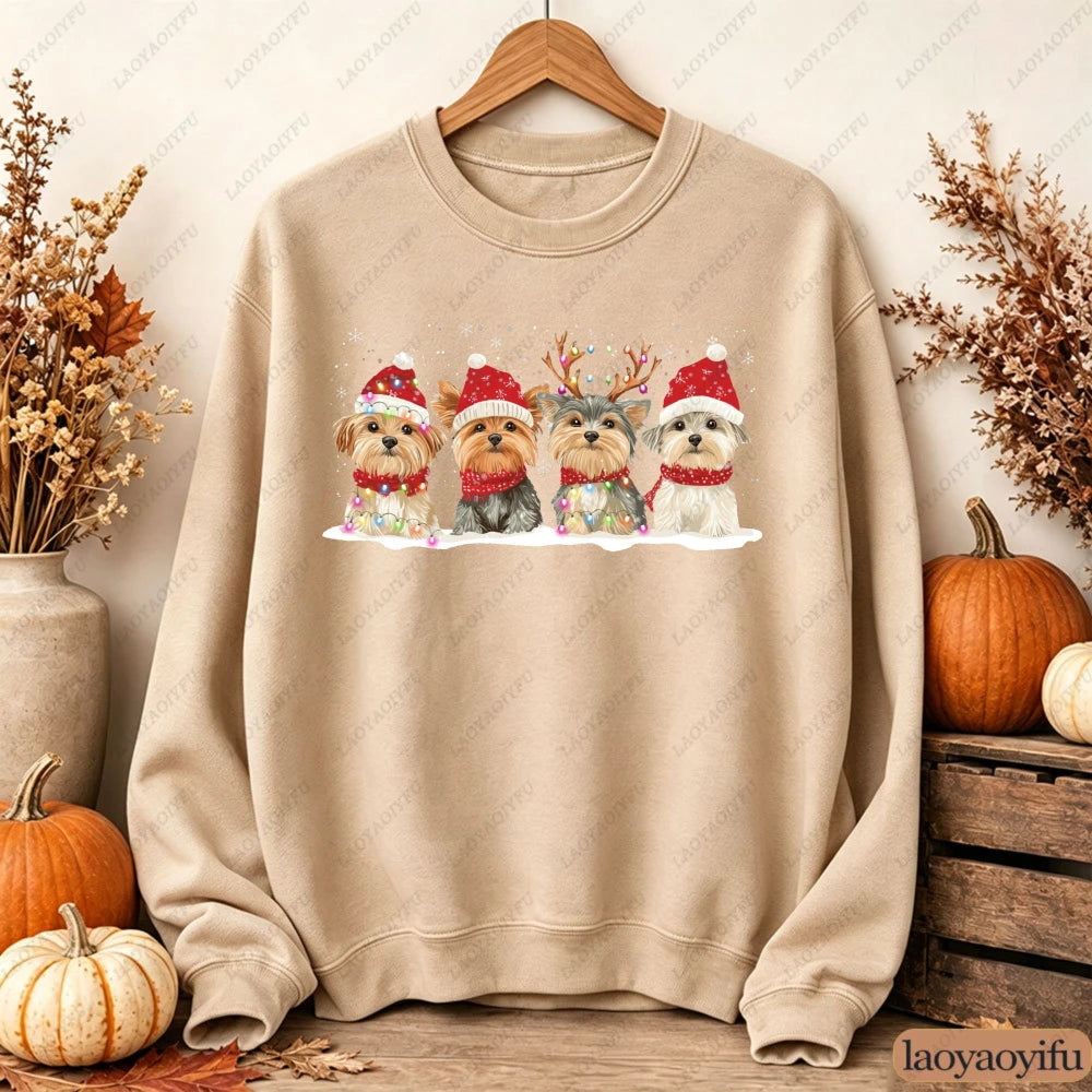 Cute Christmas Dogs Women Sweatshirt Santa Hat Graphic Pullover Autumn Winter Loose Crewneck Jumper Casual Trend Outfits