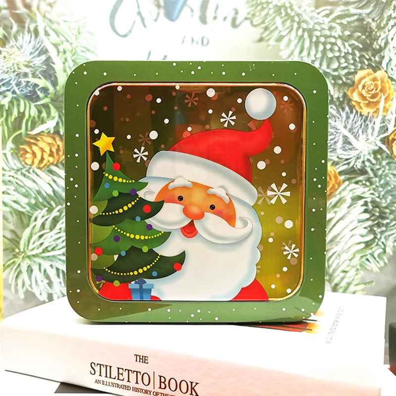 Square Christmas Tin Box Santa Claus Snowman Pattern Tin Box With Lid Cookie Box Mousse Cake Packaging Tin Box Home Storage Box