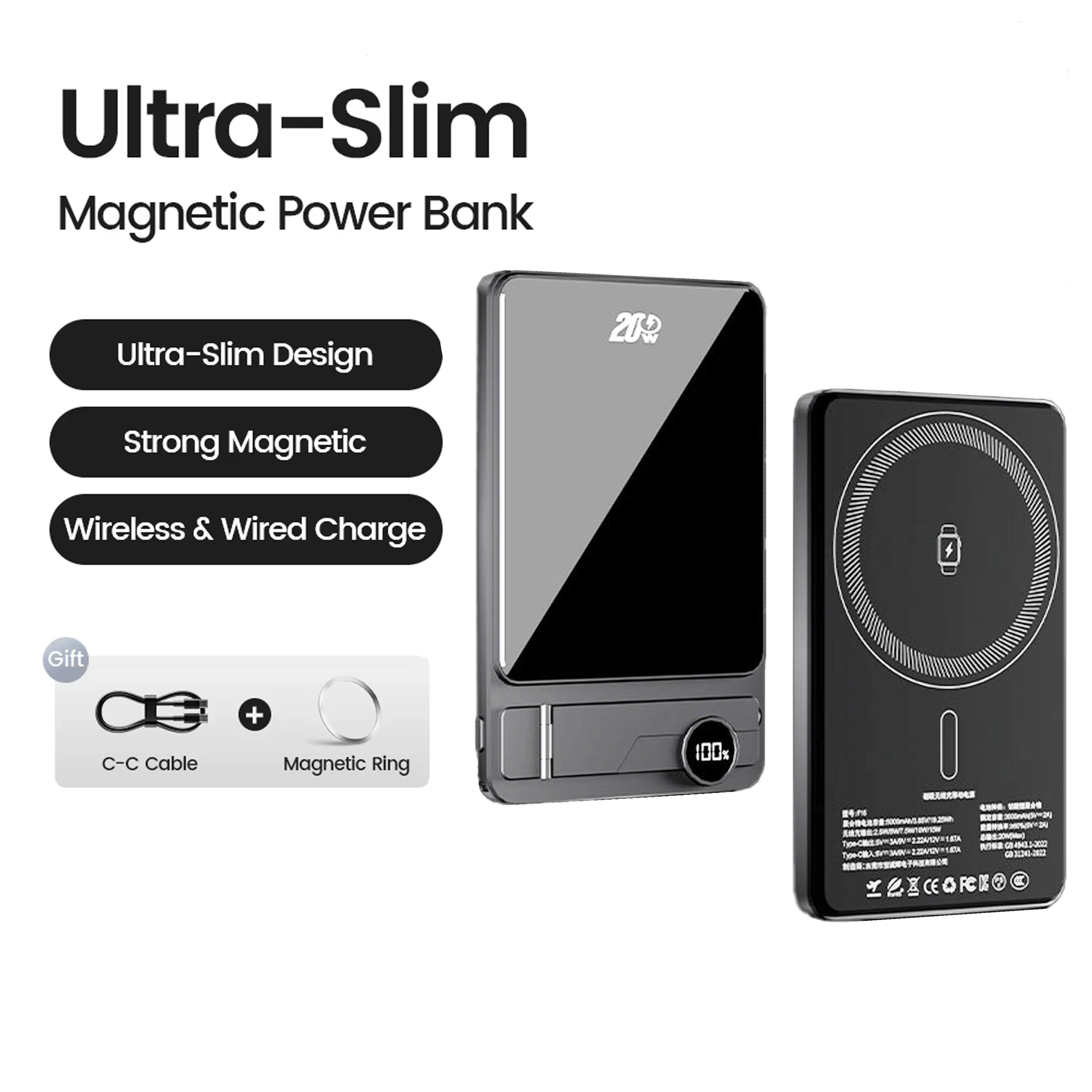 10000mAh Ultra Slim Power Bank for MagSafe,Magnetic Wireless 20W Fast Charging Portable Battery For iPhone Samsung Xiaomi iWatch