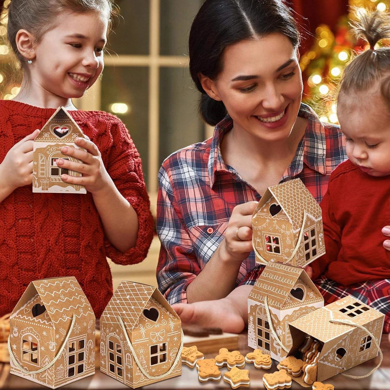 12/24pcs Christmas Gift Boxes with Handles Gingerbread House Kraft Candy Treat Boxes for Xmas Party Favor Gifts Christmas Decor