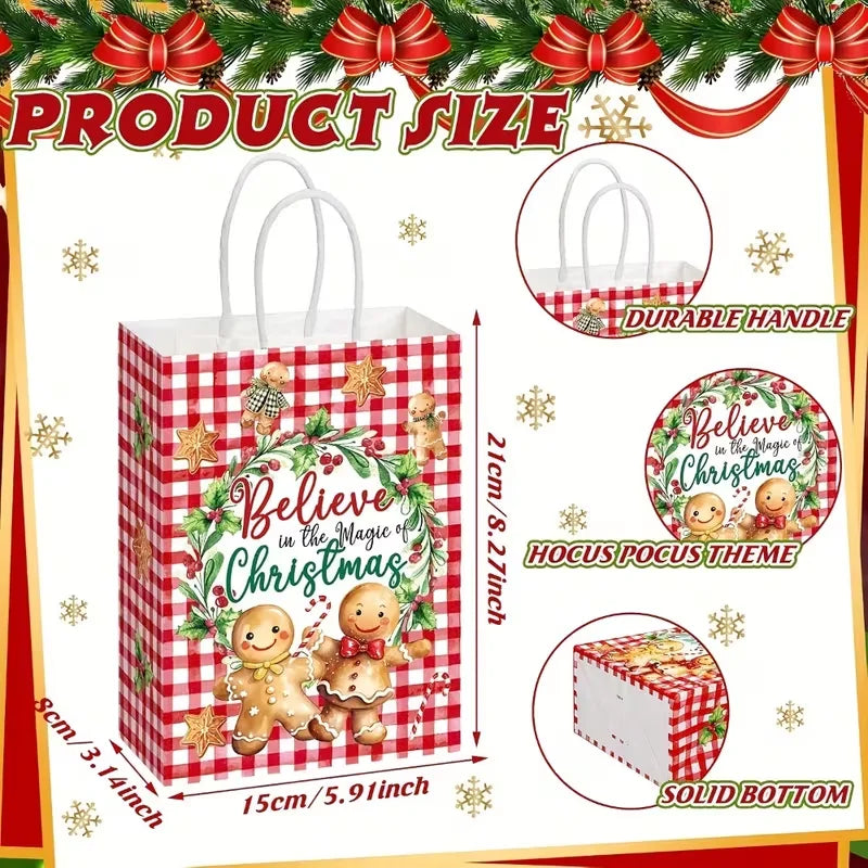 12/24/36pcs Loose Christmas Gift Bags with Handles, 6 Different Designs of Gingerbread Bags for Christmas Gift Packaging
