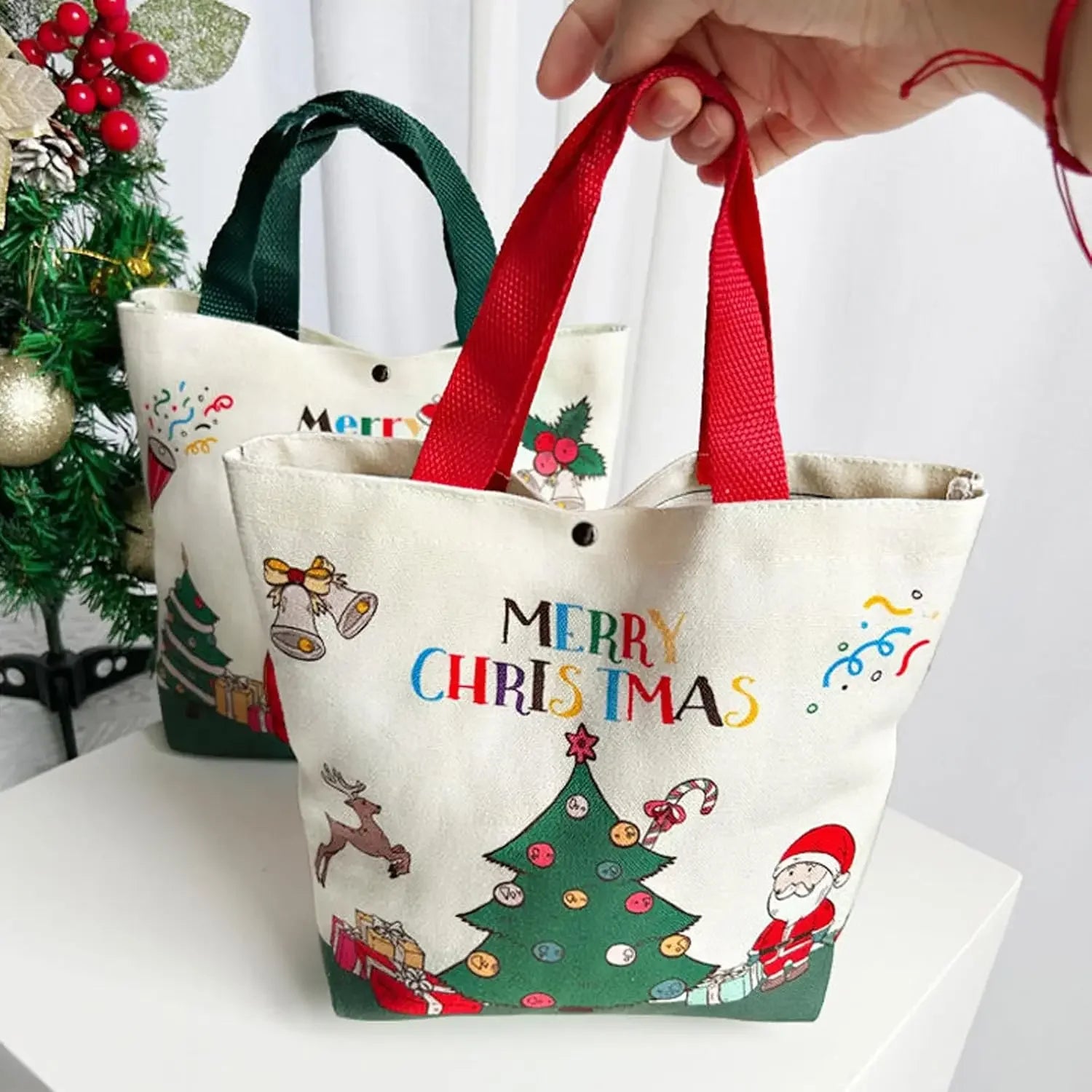 Reusable Christmas Gift Bags Candy Bags Tote Bags with Santa Deer Christmas Tree Design Canvas Handles Grocery Shopping Bags