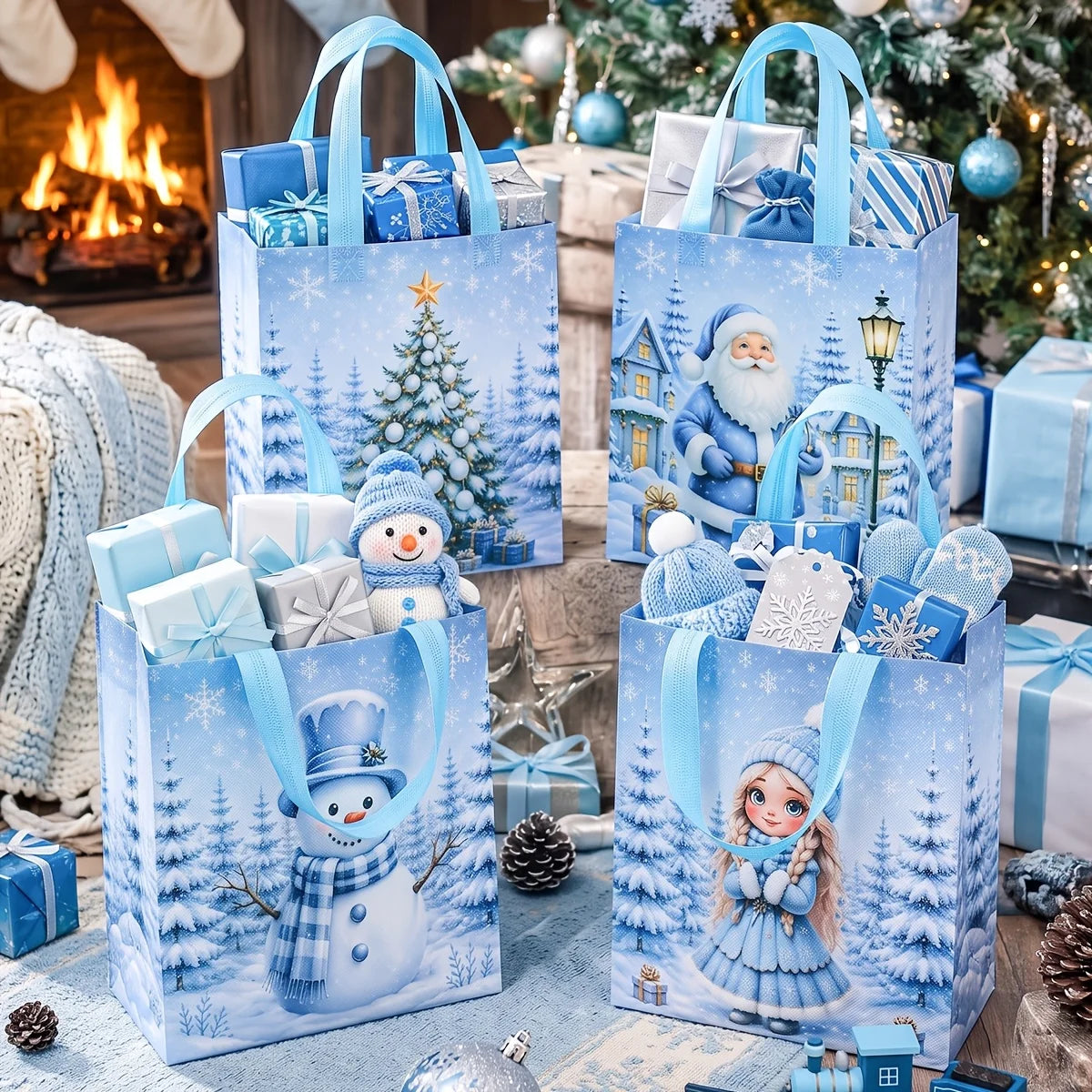 12 Pcs Blue Christmas Non Woven Tote Bags, Snowman, Snow Maiden, Christmas Tree Handbags, Reusable Xmas Gift Packaging Bags