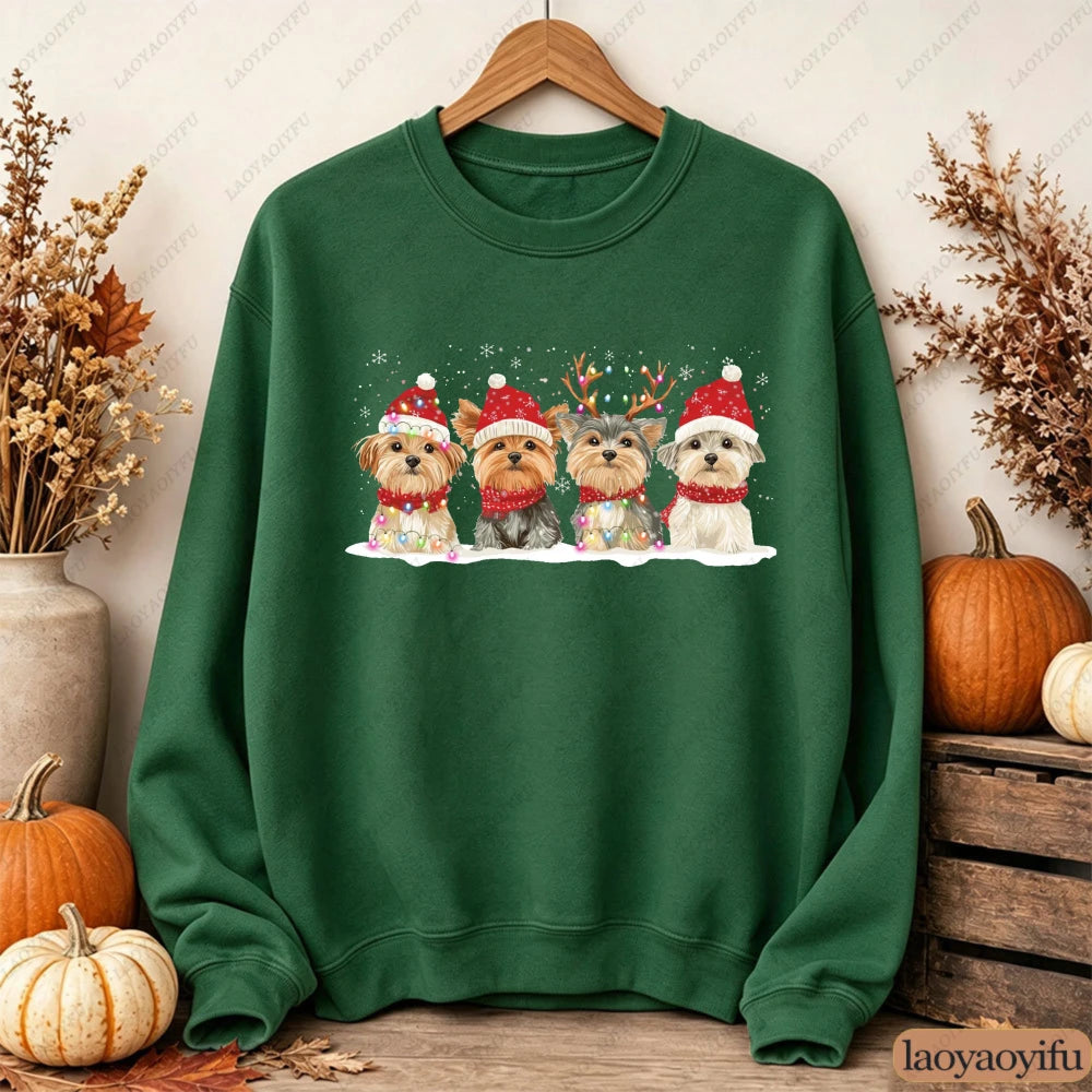 Cute Christmas Dogs Women Sweatshirt Santa Hat Graphic Pullover Autumn Winter Loose Crewneck Jumper Casual Trend Outfits